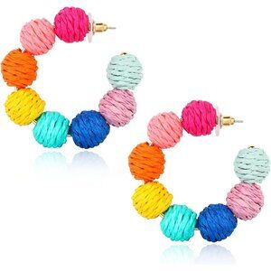 Raffia Hoop Earrings for Women - Boho Colorful Rainbow Beaded Bohemian Statement